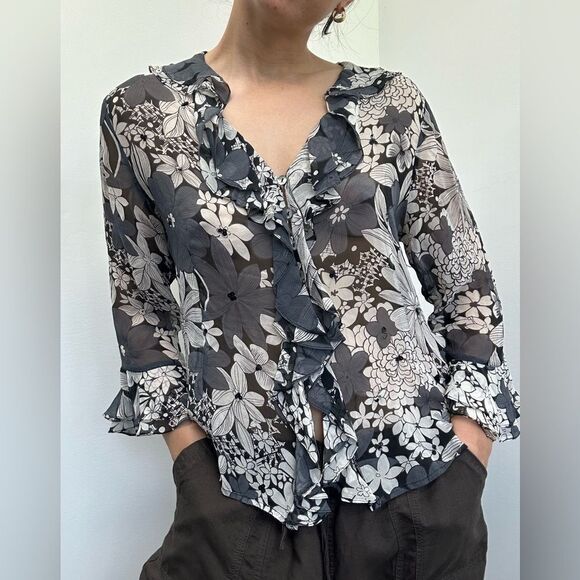 Vintage Y2K 100% Silk Ruffle Boho Floral Shirt Semi Sheer Blouse Size L - Picture 1 of 10